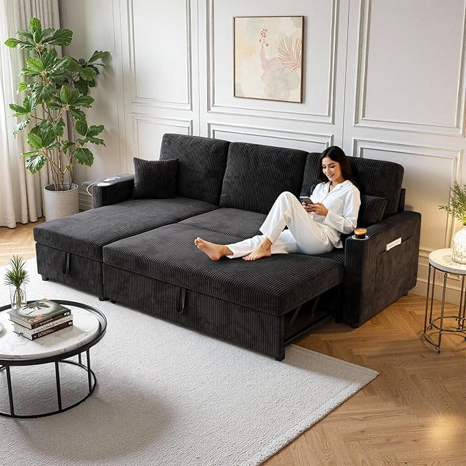 L-Shape Sleeper Sofa with Pull-Out Couch Bed Storage &amp Ports Cup Holders Side Pockets &amp Side Table for Living Room Apartment Jet Black