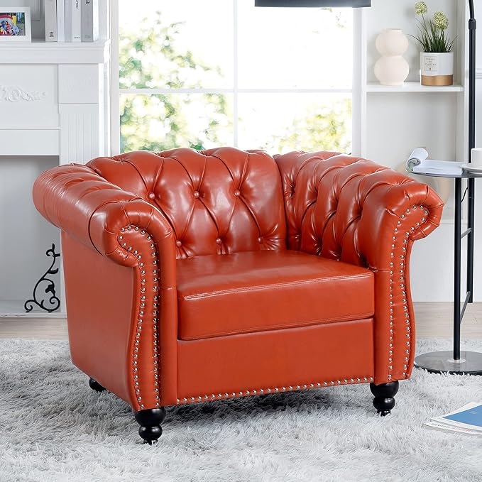 KEIKI 39 PU Leather Chesterfield Sofa with Rolled Arms &amp High Resilience Cushion Modern Style Upholstered 1-Seater Button Tufted Couch with Birch Legs Easy Assembly for Living Room Orange