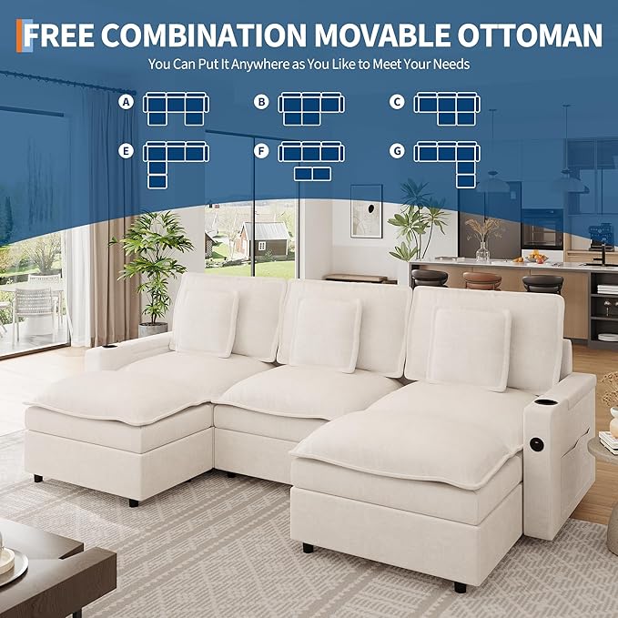 GarveeHome Sectional Couches 108 in Cloud Modular Sectional Sofa U-Shaped Chenille Deep Seat Sofa with Storage Armrests and Charging Ports Movable Ottoman and Cup Holder Included Beige