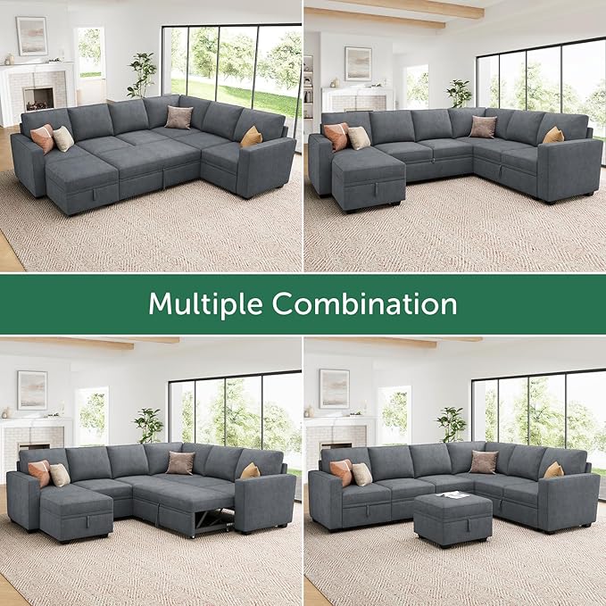 HONBAY Modular Sectional Couch with Pull Out Bed Chenille Sleeper Sofa with Storage Seats Ottoman U Shaped Sectional Couches for Living Room Bluish Grey