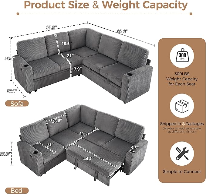 Sectional Sleeper Sofa with Pull Out Bed Plush Corduroy L Shaped Corner Couch with Storage USB Ports Cup Holders Comfy Sectional Couches for Living Room Grey | Modular Couch for Apartment Tool