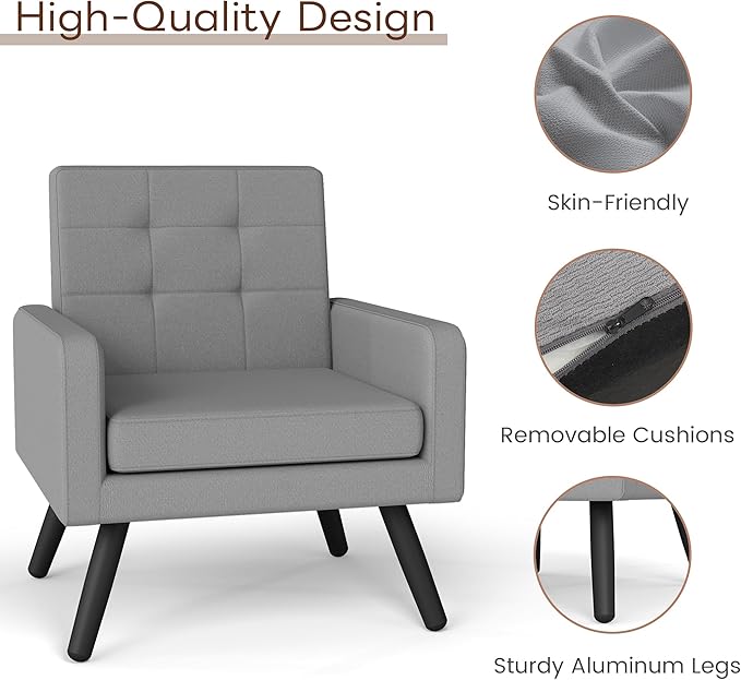 Accent Chair for Living Room Mid-Century Modern Comfy Upholstered Armchair with Large Seat Single Sofa Reading Chair 496 Lb. Weight Capacity for Bedroom Apartment Light Grey