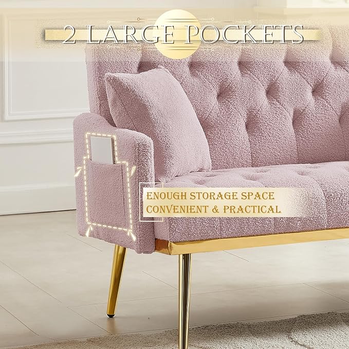 Upholstered Loveseat Sofa Modern Small Couch with Side Pocket and Golden Metal Legs Tufted Leisure Sofa for Living Room Bedroom Office Pink Teddy