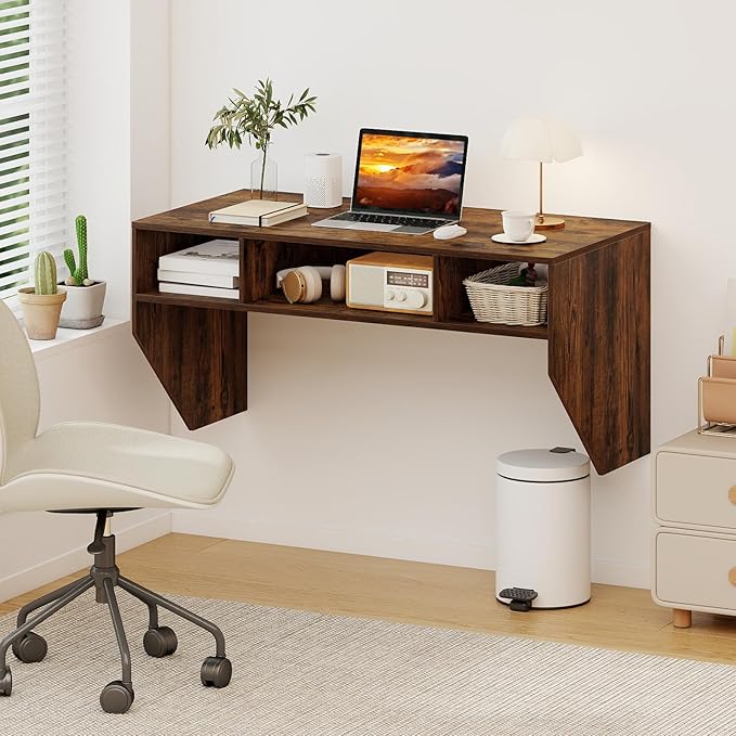 Giantex Wall-Mounted Computer Desk Floating Laptop Desk with 3 Storage Compartments Space-Saving Home Office Workstation Vanity Table for Bedroom Study Living Room (Rustic Brown)