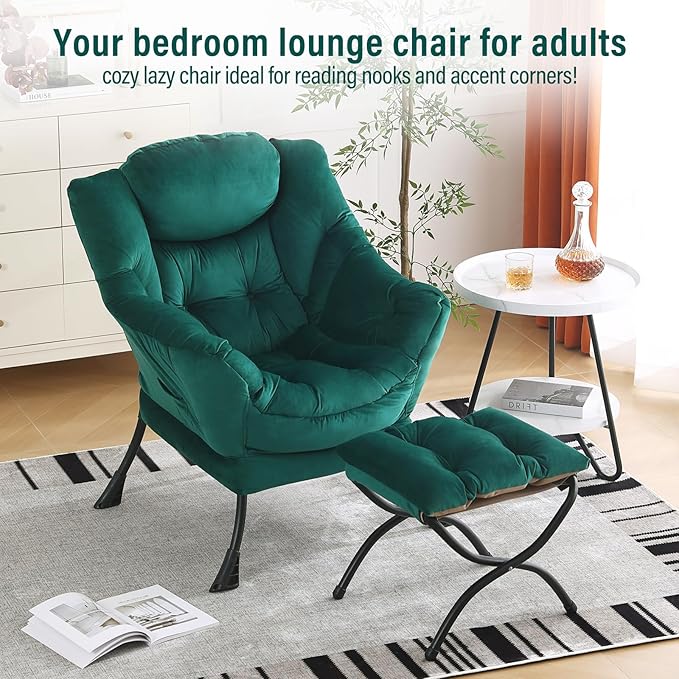 Lazy Chair with Ottoman Modern Accent Chairs with Folding Footrest Velvet Dark Green Sofa Chair Set Reading Chairs Oversized Armchairs for Bedroom Study Living Room Courtyard
