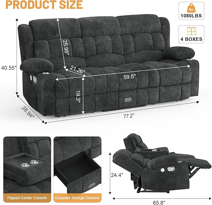 Loveseat Recliner Sofa Flip Middle Backrest Design 3 Seat Reclining Sofa with Storage Drawer USB Ports &amp Cup Holders Manual Couch for Living Room/RV (Gray)