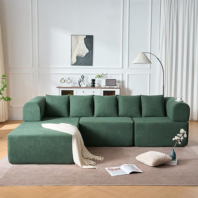 Boneless L-Shaped Modular Couch - 106 Inch Cloud Velvet Sectional SofaDeep Seating Comfort No Assembly Required Ideal for Apartments &amp Living RoomsGreen