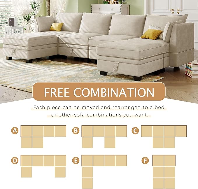 P PURLOVE Sectional Sofa Large Modular Sectional Sofa Convertible Couch with Reversible Chaise for Living Room with Plastic Legs (Beige)