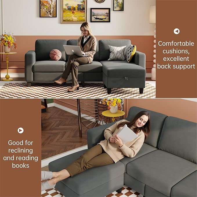 Youmumeub Sectional Couches for Living Room - Convertible Sofa and Storage Bench79''Modern Corner ConfigurationSuitable for Living Room Apartment Bedroom and Office-Blue-Gray | Washable Covers Mo