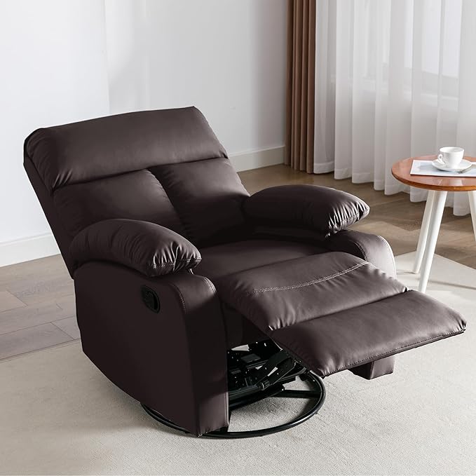 Swivel Rocker Recliner Chair Small Manual Reclining Chair with Overstuffed Arm and Back PU Leather Single Sofa Seat for Living Room Bedroom Dark Brown