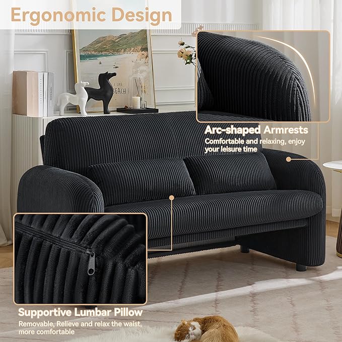 Corduroy Accent Living Room Sets Modern Upholstered Love Seat with 2 Accent Chairs Wide Comfy Leisure Chair Sets for Bedroom Office Black
