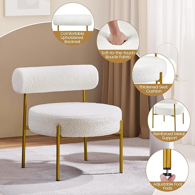 Topeakmart Modern Vanity Chair Boucle Fabric Accent Chair with Gold Metal Legs for Living Room Makeup Room 2 PCS White