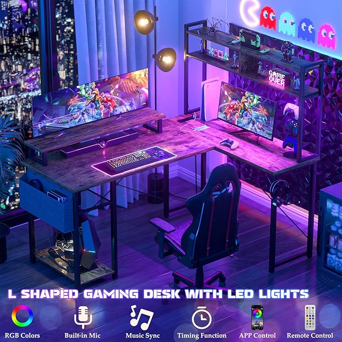 Aheaplus Small L Shaped Gaming Desk with LED Lights &amp Power Outlets Reversible L-Shaped Computer Desk with Monitor Stand &amp Storage Shelf Corner Desks Home Office Desk with Storage Bag Rusti