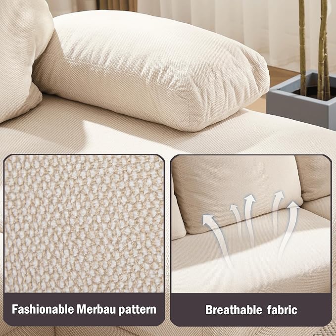 112 U-Shaped Sectional Sofa Couch with Double Chaise - 4-Seat Modular Living Room Furniture Linen Upholstered Design for Apartments/Reception Rooms (Beige)
