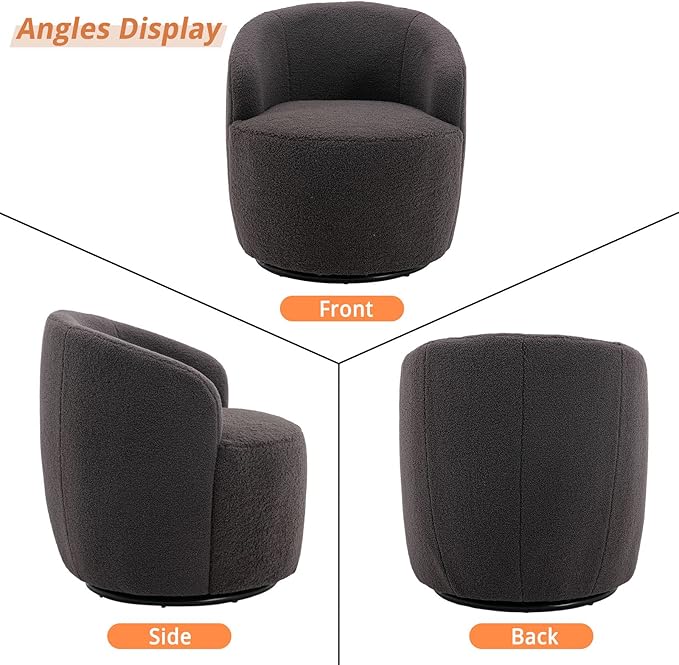 KIVENJAJA Swivel Barrel Chair Teddy Sherpa Upholstered Modern Round Accent Arm Chairs 360 Degree Swivel Small Single Sofa Armchair for Nursery Living Room Bedroom (Teddy Dark Grey)