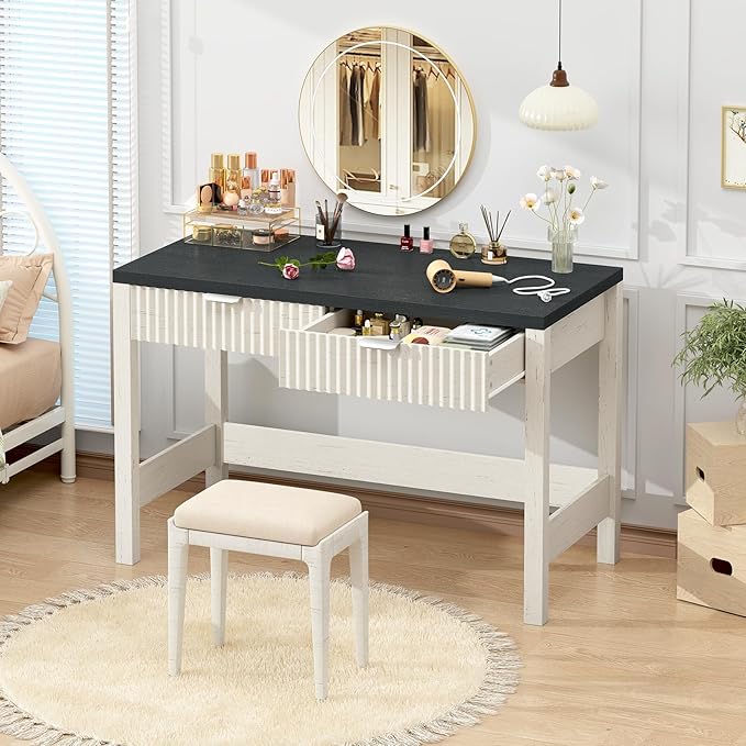 Fluted Computer Desk with 2 Drawers 39 Inch Small Computer Desk with Storage Compact Writing Study Desk for Small Spaces Black and White