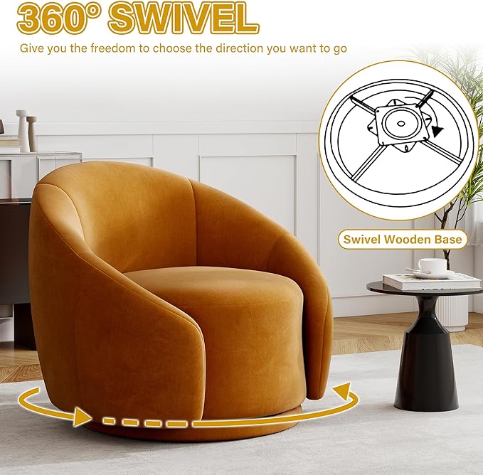 UIXE Swivel Accent Chair Velvet Barrel Chair Upholstered Arm Chair for Living Room Modern Round Club Chair with Turntable Base - Orange Set of 1