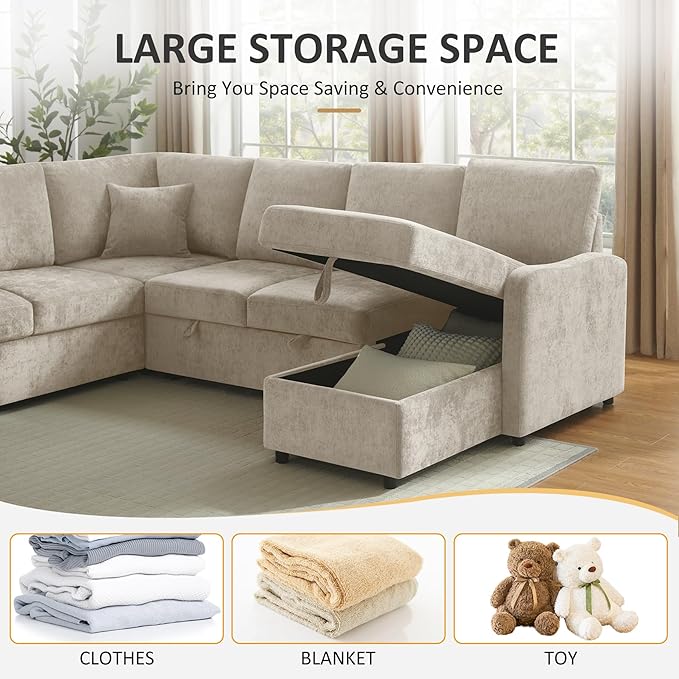 111'' Modular Sectional Sofa with Pull Out Bed U Shaped 6 Seat Sleeper Couch with Storage Chaise Modern Sectional Couch Cloud Chenille Sofa Bed for Living Room Apartment Office Camel