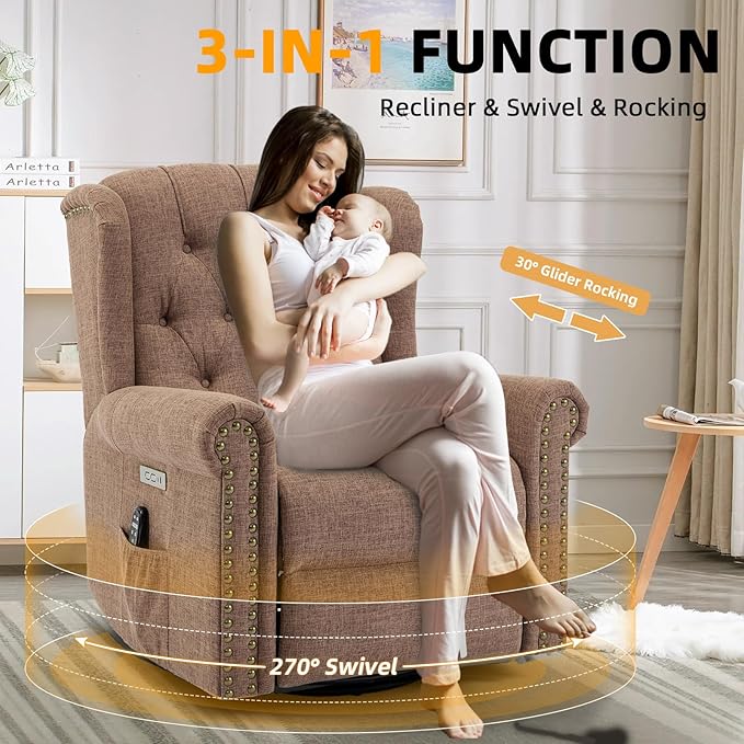 Power Swivel Rocking Glider Recliner Chair Electric Nursery Reclining Sofa Chair with Heat and Massage Wingback Tufted Upholstered Recliner for Living Room USB and Type-C Ports Brown