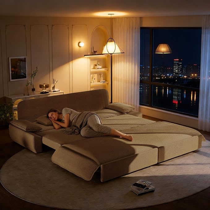 94.5 Pull Out Couch King Size Futon Sofa Bed 3-in-1 Convertible Sleeper Sofa Bed with Cushion Armrest Modern Corduroy Loveseat Couches for Living Room Small Space Apartment Camel
