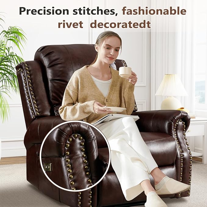 ANJ Large Power Recliner Chair with Heat and Massage Faux Leather Electric Overstuffed Wide Recliners for Living Room Classic Single Seat Sofa with Brass Rivets USB Port (Brown)