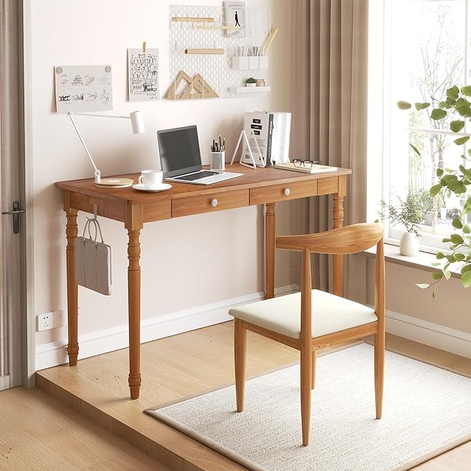 Solid Wood Desk with Drawers - 48 Inch Writing Desk with Drawers Mid Century Modern Desk with 2 Hooks Rubber Wood Study Table for Bedroom Living Room &amp Office Walnut Color