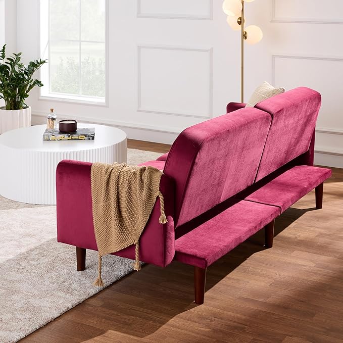 Best Choice Products 77 Mid Century Modern Velvet Loveseat Sofa Couch Convertible Sofa Sleeper Bed w/Real Wood Removable Armrest - Raspberry