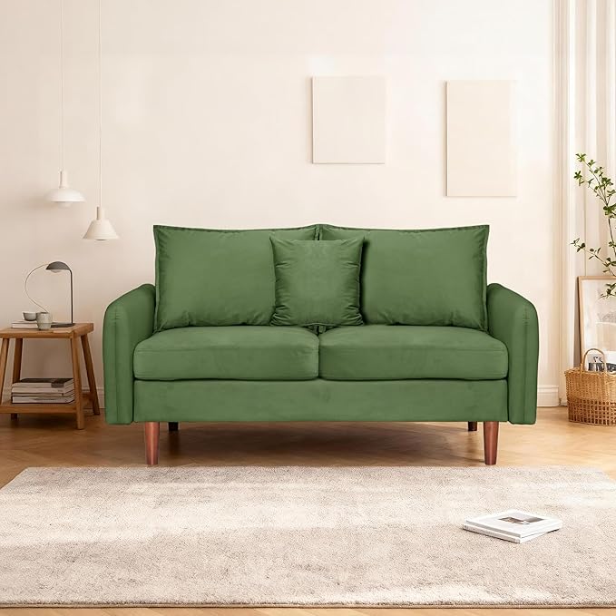 56.1 Round Arm Velvet Loveseat with Side Pockets and a Square Pillow (Army Green) | Side Storage Pockets Pillow Included