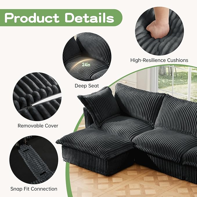 Modular Accent Armchair with Ottoman and Pillows Soft Corduroy Lounge Chair for Living Room Bedroom or Reading Nook – Oversized Chaise Lounge Design (Grey Chair+Ottoman)