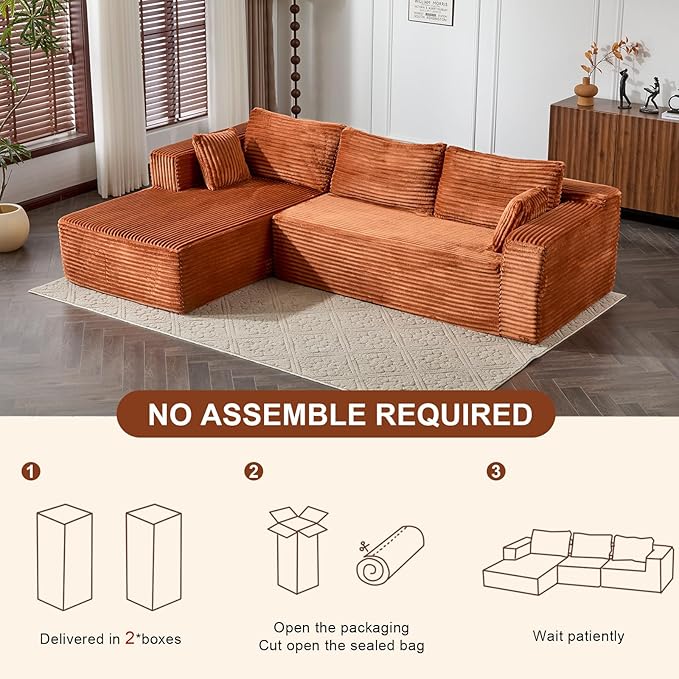110 Modular Sectional Sofa with L-Shape Chaise Boneless Cloud Couch with Deep Seat Sponge Compression Sofas No Assembly Required Upholstered Couches for Living Room Bedroom Corduroy (Brown)