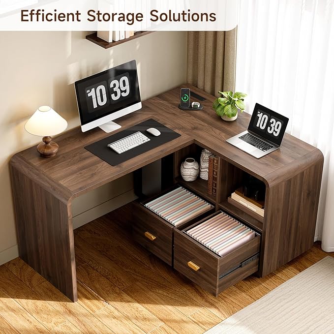 ONBRILL 58 Executive L Shaped Desk Home Office Desk with File Drawers Computer Desk with Power Outlets and Storage Shelves Corner Computer for Home Office (Walnut)