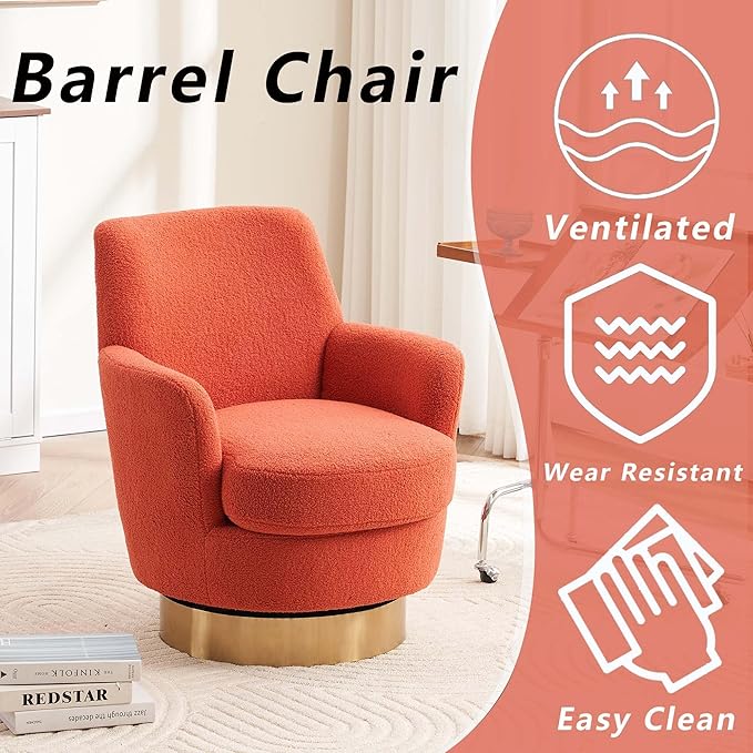 Teddy Swivel Accent Chairs for Living RoomComfy Swivel Barrel Chair with Foam Cushion Round Swivel Chair &amp Boucle Swivel Chair with High Back Round Armrest Gold Base (Orange)