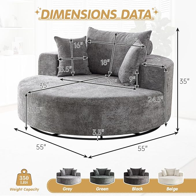 55 W Oversized Round Swivel Accent Barrel Chair360 Degree Chenille Upholstered Comfy Chaise Lounge Chair IndoorModern Deep Seat Single Sofa Armchair for Living RoomBedroomOffice(Grey)