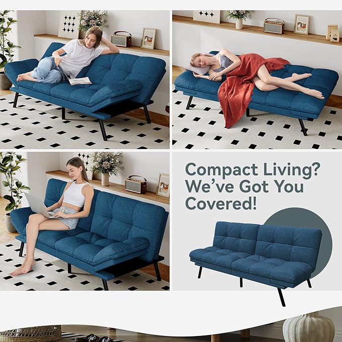 Opoiar Convertible Futon Sofa Bed Blue Linen Futon Couch with Adjustable Backrest &amp Armrests Folding Small Recliner Sleeper Sofa Bed for Living Room Apartment Office