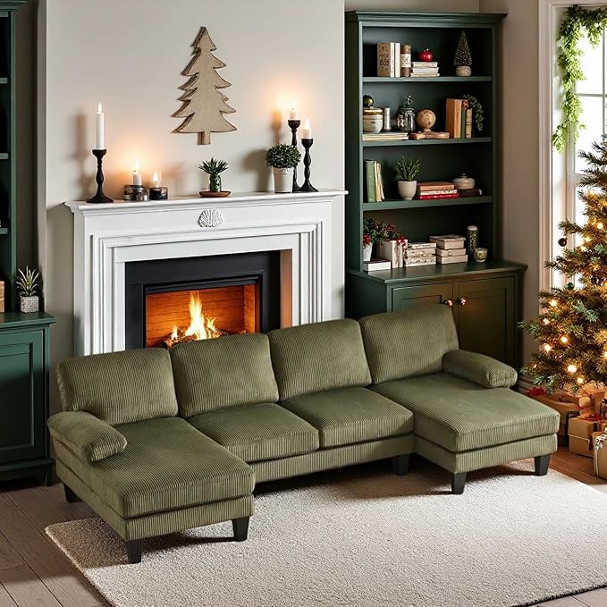 VINGLI 110 Sectional Couches for Living RoomU Shaped Couch with Double Chaise 4-Seat Sofa Set with Corduroy Fabric for Home FurnitureGreen