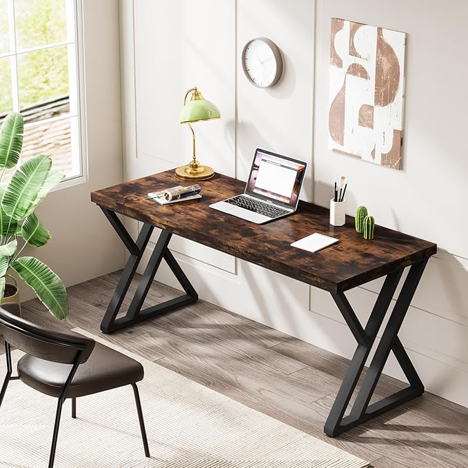 Tribesigns Writing Computer Desk 55 inch Heavy Duty Study Desk with Z-Shaped Metal Leg Modern Simple Home Office Computer Desk Rustic Brown