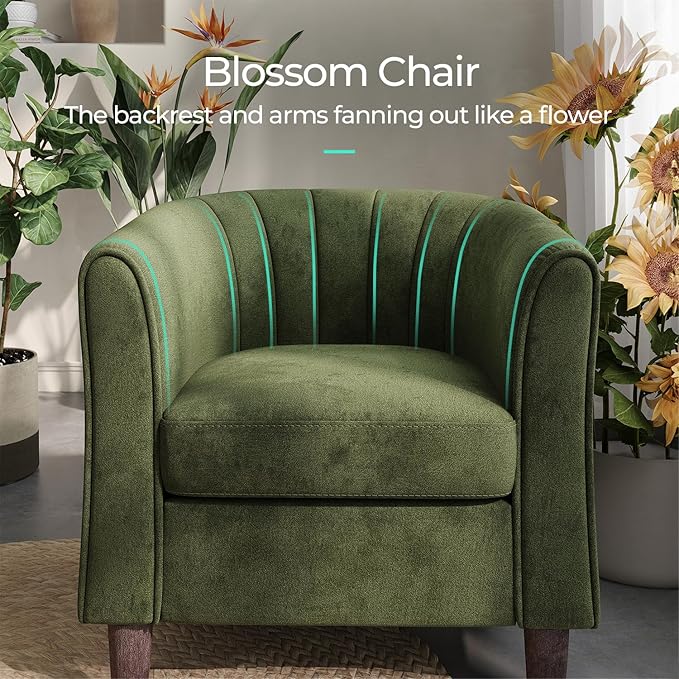 LINSY Accent Chair Set of 2 Velvet Barrel Chair with Ottoman Modern Comfy Small Armchair for Small Spaces Reading Room Living Room Bedroom Kids Room Office Olive