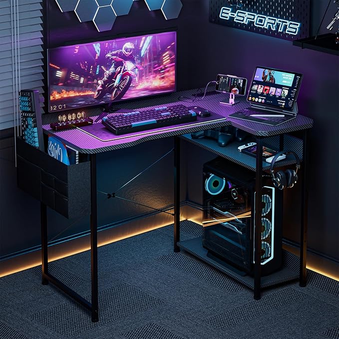 L Shaped Gaming Desk 48 Inch - Computer Corner Desk with Power Outlets Reversible Shelves &amp Storage Bag for Home Office PC Gaming Table Black Carbon