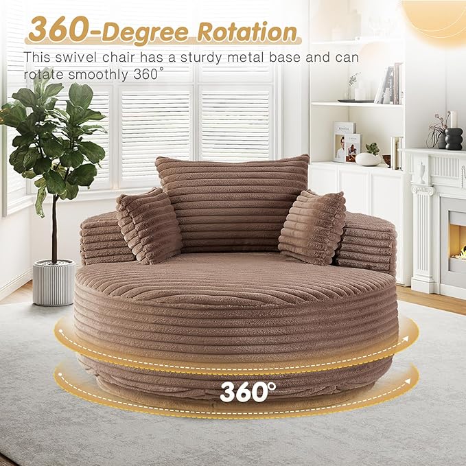 55 W Oversized Round Swivel Accent Barrel Chair360 Degree Faux Fur Upholstered Comfy Chaise Lounge Chair IndoorModern Deep Seat Reading Sofa Armchair for Living RoomBedroomOffice(Brown)