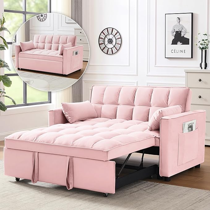 Wakefit 3 in 1 Convertible Sleeper Sofa Bed Futon Couches for Living Room with Side Pocket | Adjustable Backrest| Velvet Fabric | Pull Out Couch | Recliner Loveseat | Sectional Sofa Pink