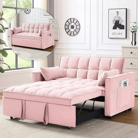 Wakefit 3 in 1 Convertible Sleeper Sofa Bed Futon Couches for Living Room with Side Pocket | Adjustable Backrest| Velvet Fabric | Pull Out Couch | Recliner Loveseat | Sectional Sofa Pink