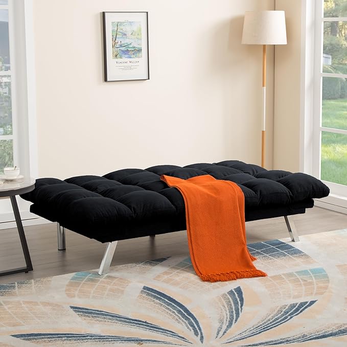 67” Convertible Futon Couch Bed Adjustable Pillow Top Arm Memory Foam Cloud Futons Loveseat Modern Light Gray Corduroy Mini Small Sofa Couches for Living Room
