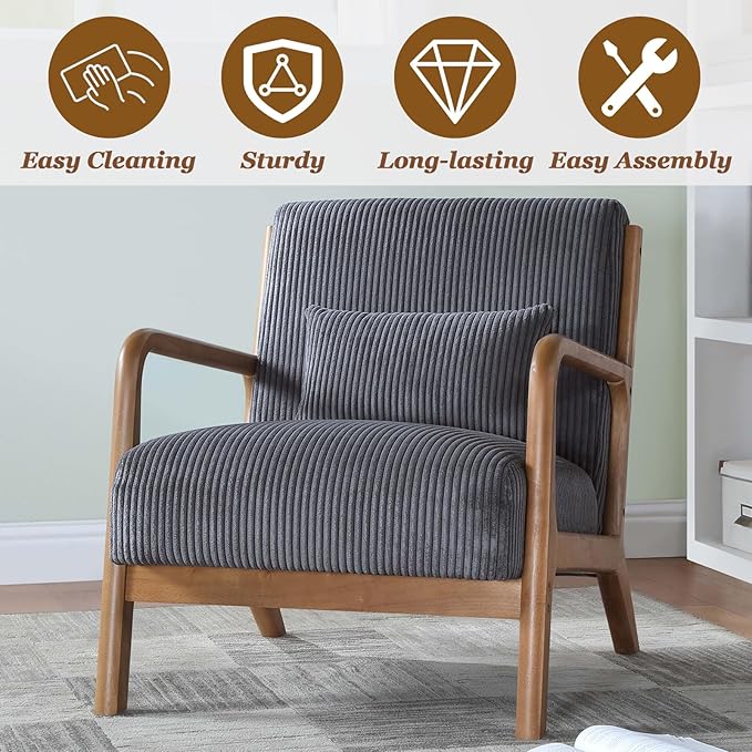 Modern Accent Chairs with Waist Cushion Comfy Upholstered Chair Living Room Corduroy Reading Chair with Solid Wood Frame Side Chairs for Living Room Bedroom Sunny Room Balcony (Gray)