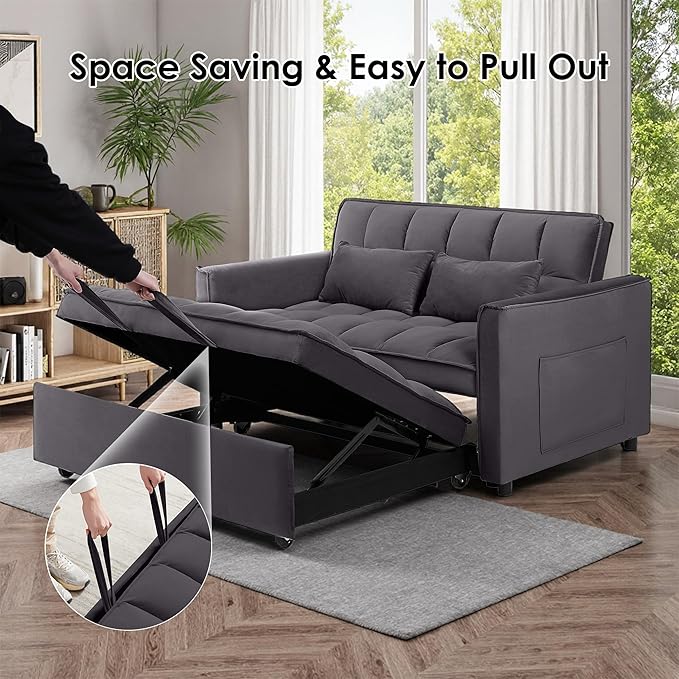 Dreamzie 3 in 1 Convertible Sleeper Sofa Bed Pull Out Couch for Living Room with Side Pocket Loveseat Sleeper with Adjustable Backrest (Fabric Dark Grey)