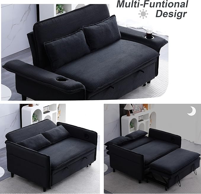 3 in 1 Convertible Sleeper Sofa Bed Loveseat Sleeper 65” Pull Out Couch Adjustable Armrest and Backrest with 2 Pillows for Living Room Bedroom (Black)