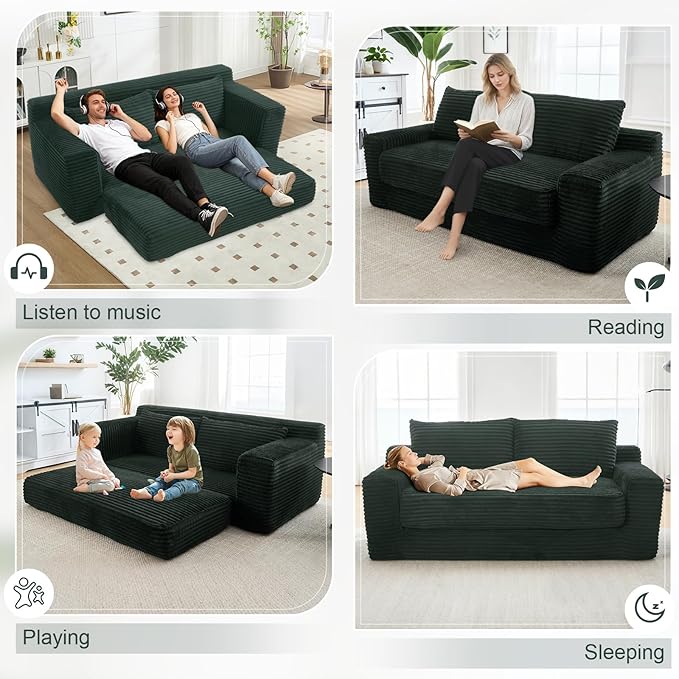 GNIXUU Corduroy Cloud Loveseat Sofa 2 in 1 Convertible Sleeper Sofa with Fixed-Shape Frame Comfy Folding Boneless Love Seat Couches for Living Room Apartment Small Spaces Green