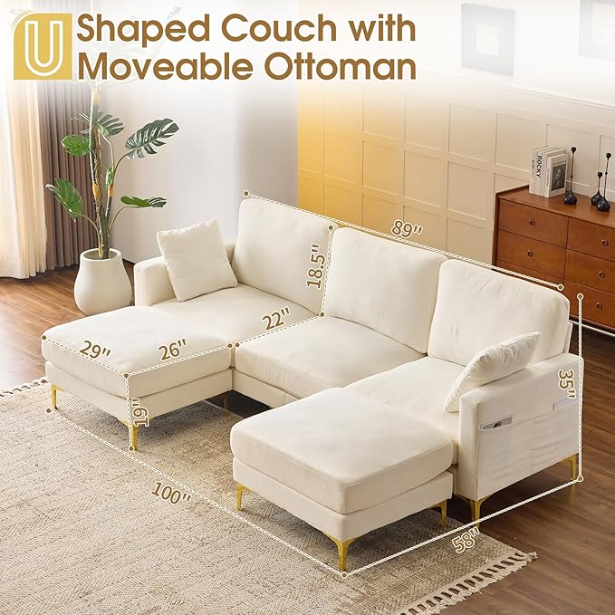 VINGLI 100 W U Shaped Couch with Ottoman 22 Deep Seat Comfortable Sectional Couches for Living Room 3 Seater Chenille Fabric Cloud Sofa for Apartment Small Spaces Bedroom Beige