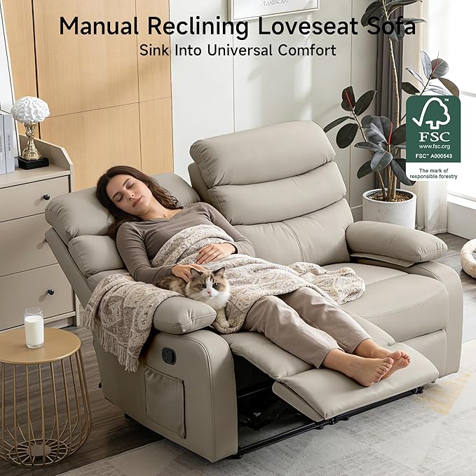 Reclining Loveseat Anti-Scratch Leather Double Recliner Sofa with Side Pocket Wall Hugger Loveseat Recliner for Living Room RV Home Theater(Beige)