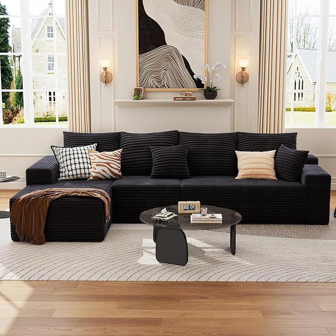 135.4 Cloud Sectional Couch with L-Shape Chaise Modern Modular 4-Seater Sofa with Deep Seat Corduroy Upholstered Couches for Living Room Bedroom No Assembly Required(Black Left Facing)