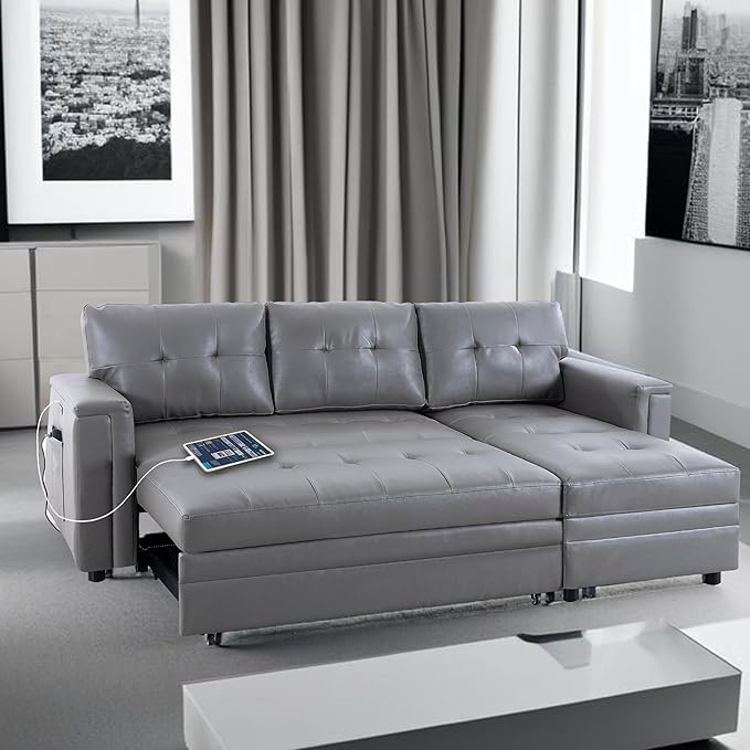 Naomi Home L-Shaped Sectional Sleeper Sofa with USB Ports - Convertible Pull-Out Bed Ample Storage Timeless Design Durable Construction Gray/Air Leather